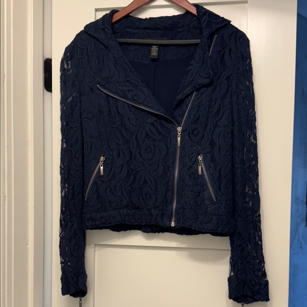 INC International Concepts Navy Lace Bomber Jacket